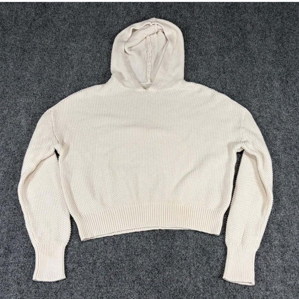 Lucky Brand Womens Cream Knit Hoodie Pullover Sweater Size S Cropped Textured